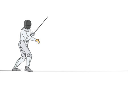 One single line drawing of young man fencer athlete in fencing costume exercising motion on sport...