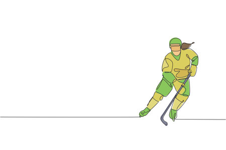 Single continuous line drawing of young professional ice hockey player hit the puck and attack on ice rink arena. Extreme winter sport concept. Trendy one line draw graphic design vector illustrationのイラスト素材