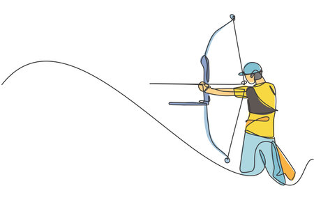 Single continuous line drawing of young professional archer man focus aiming archery target. Archery...