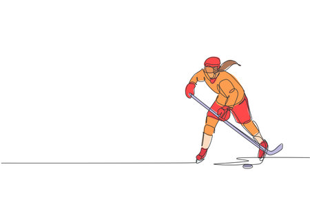 One single line drawing of young ice hockey player in action to play a competitive game on ice rink stadium vector illustration graphic. Sport tournament concept. Modern continuous line draw designのイラスト素材