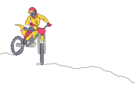Single continuous line drawing of young motocross rider down the hill at full speed. Extreme sport race concept art vector illustration. Trendy one line draw design for motocross event promotion mediaのイラスト素材