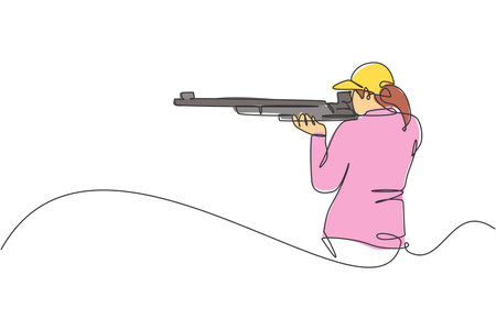 Single continuous line drawing of young athlete woman shooter holding gun and training to aim target tactical shooting. Shooting sport training concept. Trendy one line draw design vector illustrationのイラスト素材