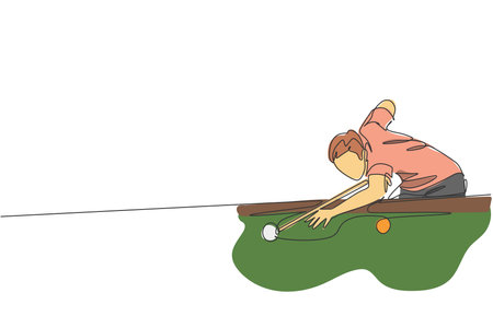 One single line drawing of young handsome man playing pool billiards at billiard room vector illustration graphic. Indoor sport recreational game concept. Modern continuous line draw designのイラスト素材