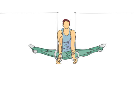 One single line drawing of young handsome gymnast man exercising steady rings graphic vector illustration. Healthy lifestyle and athletic sport concept. Modern continuous line draw designのイラスト素材