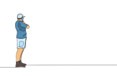 Single continuous line drawing of young athlete man shooter holding gun and training to aim target tactical shooting. Shooting sport training concept. Trendy one line draw design vector illustrationのイラスト素材