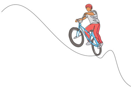 Single continuous line drawing of young BMX cycle rider show flying on the air trick in skatepark....