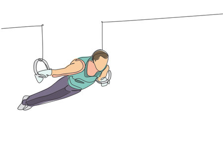 One single line drawing of young handsome gymnast man exercising steady rings graphic vector illustration. Healthy lifestyle and athletic sport concept. Modern continuous line draw designのイラスト素材