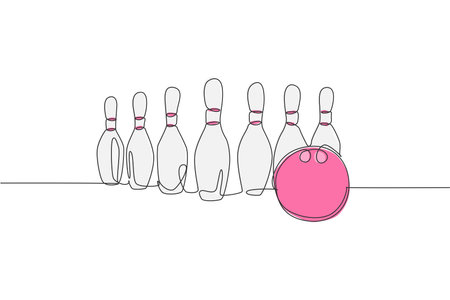 Single continuous line drawing bowling pins lined up at bowling lane. Doing sport hobby at leisure time concept. Trendy one line draw design vector illustration graphicのイラスト素材