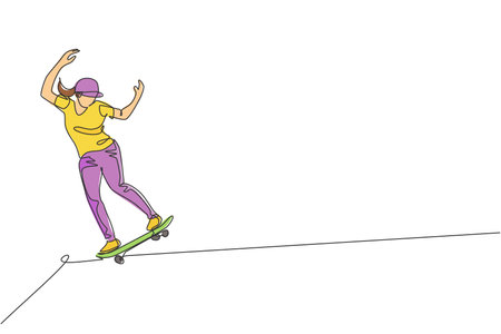 One continuous line drawing young cool skateboarder man riding skateboard doing a slide trick in skatepark. Extreme teenager sport concept. Dynamic single line draw design vector graphic illustrationのイラスト素材