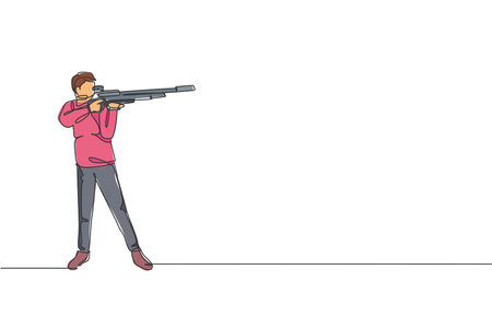 One continuous line drawing of young man on shooting training ground practice for competition with pistol handgun. Outdoor shooting sport concept. Dynamic single line draw design vector illustrationのイラスト素材