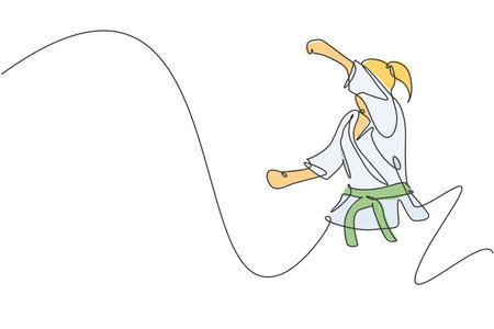 One continuous line drawing of young talented karateka girl train pose for duel fighting at dojo gym center. Mastering martial art sport concept. Dynamic single line draw design vector illustrationのイラスト素材
