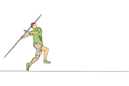 Single continuous line drawing of young sportive man practice to focus before power throw javelin on the court stadium. Athletic games sport concept. Trendy one line draw design vector illustrationのイラスト素材