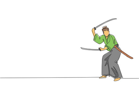 One single line drawing of young Japanese samurai warrior holding katana sword practicing at dojo center graphic vector illustration. Combative martial art concept. Modern continuous line draw designのイラスト素材