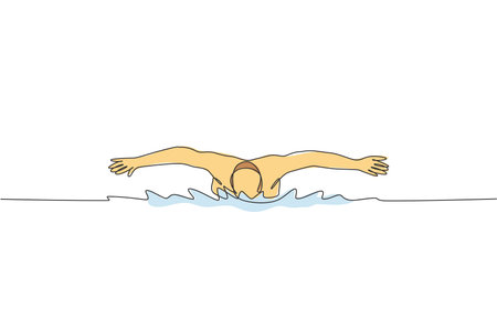One continuous line drawing of young muscular professional swimmer man swimming in sport center. Healthy sport and fitness cardio exercise concept. Dynamic single line draw design vector illustrationのイラスト素材