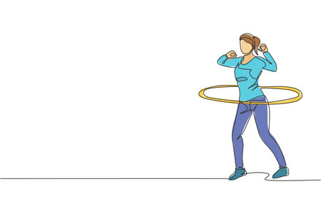Single continuous line drawing of young sportive woman happy training with hoop in sport gymnasium club center. Fitness stretching concept. Trendy one line draw design graphic vector illustrationのイラスト素材