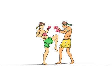 Single continuous line drawing of two young sportive men training thai boxing at gym club center. Combative muay thai sport concept. Competition event. Trendy one line draw design vector illustrationのイラスト素材