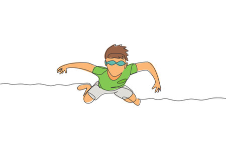One single line drawing of young boy practice floating in swimming pool wearing goggle glasses graphic vector illustration. Summer holidays and vacation concept. Modern continuous line draw designのイラスト素材