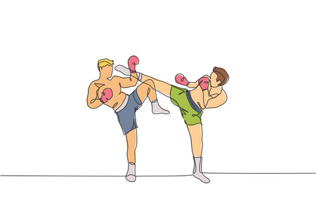 One continuous line drawing of young sporty muay thai boxer man kicking the opponent head in match game at box arena. Fighting sport game concept. Dynamic single line draw design vector illustrationのイラスト素材