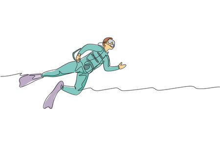 One single line drawing of young energetic man swimming on sea ocean to see fish, coral reef and underwater life vector illustration. Health lifestyle sport concept. Modern continuous line draw designのイラスト素材