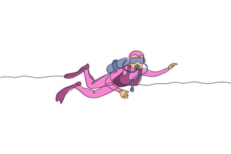 Single continuous line drawing of young sportive man swimming on sea ocean to explore fish and coral reef life. Underwater scuba diving sport concept. Trendy one line draw design vector illustrationのイラスト素材