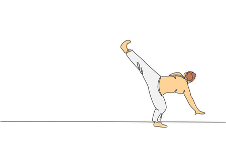 One single line drawing of young energetic man capoeira dancer perform dancing fight graphic vector illustration. Traditional martial art lifestyle sport concept. Modern continuous line draw designのイラスト素材