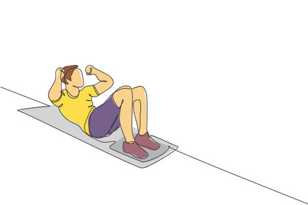 Single continuous line drawing of young happy man exercising doing sit up pose on the floor in sport center gym club. Sport training fitness concept. Trendy one line draw design vector illustrationのイラスト素材