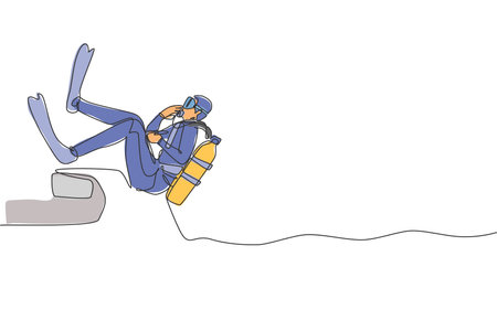 One continuous line drawing young sporty man jump down into the sea ocean from motor boat to do scuba diving. Healthy water sport concept. Dynamic single line draw design vector graphic illustrationのイラスト素材