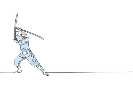 One continuous line drawing of young brave Japanese ninja character on black costume with attacking position. Martial art fighting concept. Dynamic single line draw graphic design vector illustrationのイラスト素材