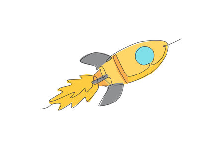 One single line drawing of simple vintage rocket takes off into the outer space vector graphic illustration. Exploration cosmos galactic with spaceship concept. Modern continuous line draw designのイラスト素材