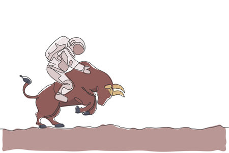 One single line drawing of astronaut riding angry bull, wild animal in moon surface vector graphic illustration. Cosmonaut safari journey concept. Modern continuous line draw designのイラスト素材