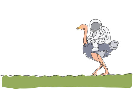 Single continuous line drawing of cosmonaut with spacesuit riding ostrich, big bird animal in moon surface. Fantasy astronaut safari journey concept. Trendy one line draw design vector illustrationのイラスト素材