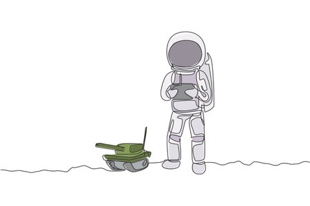 One continuous line drawing of astronaut playing war tank radio control in moon cosmic galaxy. Outer space hobby and lifestyle concept. Dynamic single line draw design graphic vector illustrationのイラスト素材