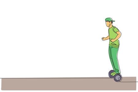 One single line drawing of young energetic man riding hoverboard at city park vector graphic illustration. Future transporter. Healthy lifestyle sport concept. Modern continuous line draw designのイラスト素材