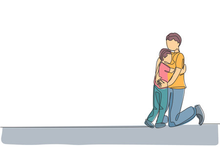 One single line drawing of young happy daddy hugging his lovely son full of warmth at home vector illustration. Parenting education concept. Modern continuous line graphic draw designのイラスト素材
