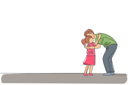 One continuous line drawing of young happy dad hugging his daughter full of warmth before go to school in the morning. Family parenting concept. Dynamic single line draw design vector illustrationのイラスト素材