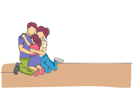 One continuous line drawing of young happy mom and dad hugging their daughter full of warmth . Happy loving parenting family concept. Dynamic single line draw design vector illustration graphicのイラスト素材