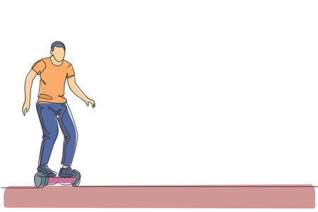One single line drawing of young energetic man riding hoverboard at city park vector illustration. Future gyroscooter transport. Healthy lifestyle sport concept. Modern continuous line draw designのイラスト素材