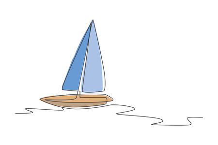One single line drawing of sail boat sailing on the sea vector illustration. Water transportation vehicle concept. Modern continuous line draw graphic designのイラスト素材