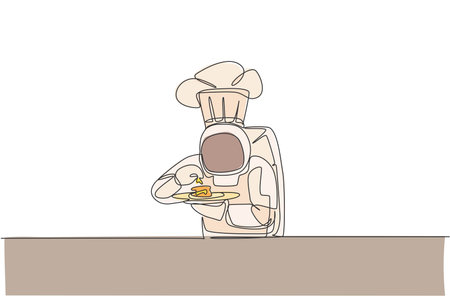 Single continuous line drawing of astronaut tasting delicious food before serving to customer in outer space cafe. Healthy restaurant cuisine concept. Trendy one line draw design vector illustrationのイラスト素材