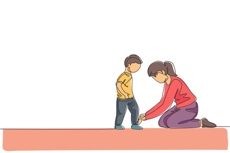 One continuous line drawing young happy mom at home tying her son shoelaces before going to school in the morning. Family parenting concept. Dynamic single line draw design vector illustration graphicのイラスト素材