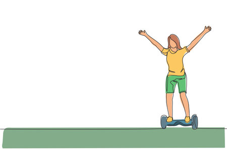 One continuous line drawing of young happy woman stand and ride hoverboard at outdoor park. Green transportation. Future urban lifestyle concept. Dynamic single line draw design vector illustrationのイラスト素材