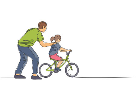 One single line drawing young father teaching his daughter riding bicycle at public park vector graphic illustration. Fatherhood lesson. Urban family time concept. Modern continuous line draw designのイラスト素材