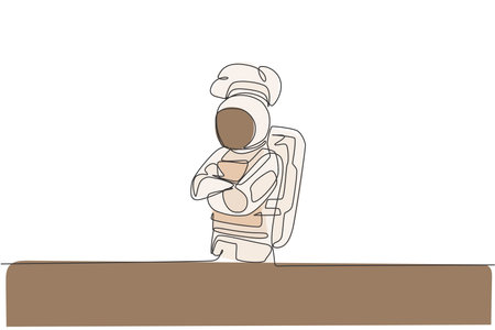 Single continuous line drawing of astronaut chef cross his hands on chest, pose elegant in outer space cafe. Healthy restaurant cuisine concept. Trendy one line draw design graphic vector illustrationのイラスト素材