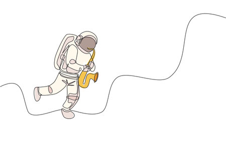 One continuous line drawing astronaut with spacesuit playing saxophone in galaxy universe. Outer space music concert and orchestra concept. Dynamic single line draw design graphic vector illustrationのイラスト素材