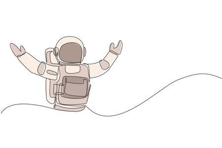 Single continuous line drawing of astronaut open his hands ready to hug in moon surface. Business office with galaxy outer space concept. Trendy one line draw design graphic vector illustrationのイラスト素材