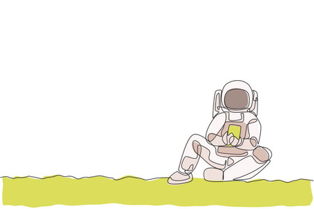 One continuous line drawing of young spaceman on spacesuit siting relax on moon surface while texting. Astronaut business office with deep space concept. Single line draw design vector illustrationのイラスト素材