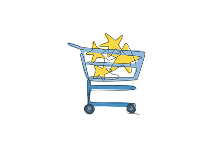 One continuous line drawing of stars toys inside shopping trolley. Sale market concept. Dynamic single line draw design vector graphic illustrationのイラスト素材