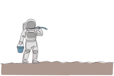 One continuous line drawing of spaceman carrying bucket and hoe on shoulder while walking in moon surface. Deep space farming astronaut concept. Dynamic single line draw design vector illustrationのイラスト素材