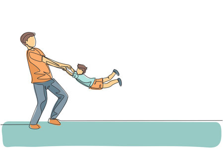 One continuous line drawing of young father raising and spinning his son up in the air at home, family life. Happy parenting concept. Dynamic single line draw design vector graphic illustrationのイラスト素材