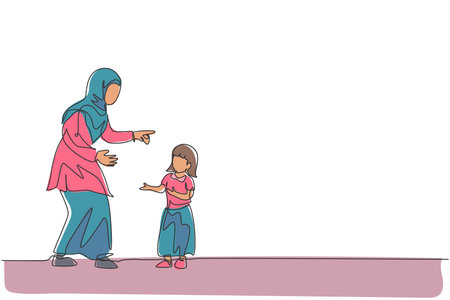 One continuous line drawing of young Arabian mom talk and reprimand her daughter's attitude. Happy Islamic muslim loving parenting family concept. Dynamic single line draw design vector illustrationのイラスト素材